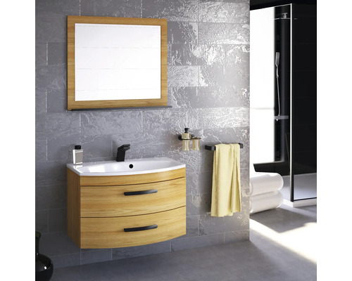 Modernes Badezimmer mit Waschtischunterschrank, Spiegel und Dusche