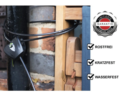 Kabelschloss zur Sicherung von Gartenmöbeln mit den Eigenschaften rostfrei, kratzfest und wasserfest.