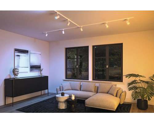 Modernes Wohnzimmer mit Schienensystem-Beleuchtung, Sofa, Kommode und Dekoration