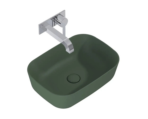 Aufsatzwaschbecken in Grün mit Wandarmatur aus Metall