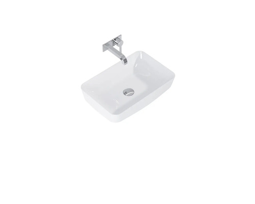 Rechteckiges Aufsatzwaschbecken aus Keramik mit Armatur