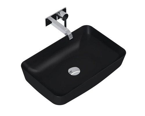 Rechteckiges, schwarzes Aufsatzwaschbecken mit Armatur