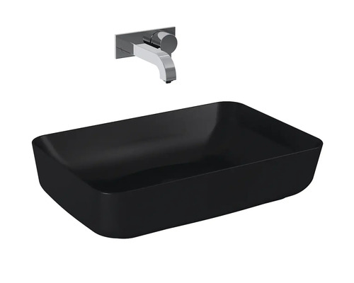 Schwarzes Aufsatzwaschbecken mit Wandarmatur