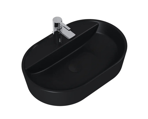 Schwarzes Aufsatzwaschbecken mit Chromarmatur