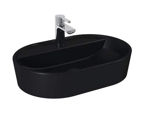 Schwarzes Aufsatzwaschbecken mit Armatur