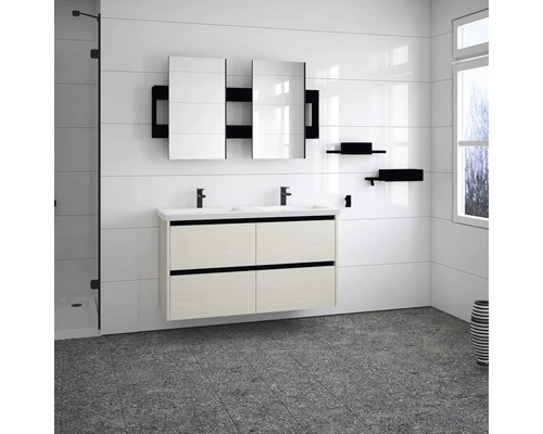 Badezimmer mit Waschtischunterschrank, zwei Waschbecken, zwei Spiegelschränken und Ablagen.