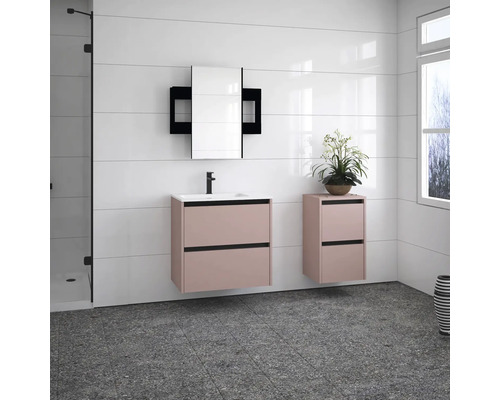 Modernes Badezimmer mit Waschtisch, Spiegelschrank und Hochschrank in Rosa