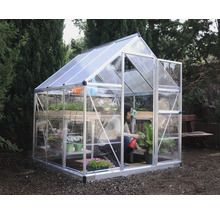 Gewächshaus mit Regalen und einer Frau, die eine Pflanze gießt