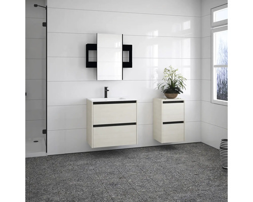 Badezimmer mit Waschbeckenunterschrank, Spiegelschrank und Hochschrank