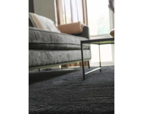 Nahaufnahme eines grauen Teppichs in einem Wohnzimmer mit Sofa und Tisch