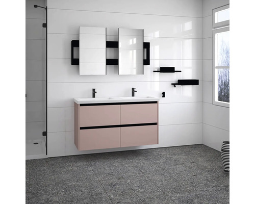 Modernes Badezimmer mit Waschtisch, Doppelwaschbecken, Spiegelschrank und Regalen