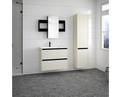 Badezimmer mit Waschtischunterschrank, Spiegelschrank und Hochschrank