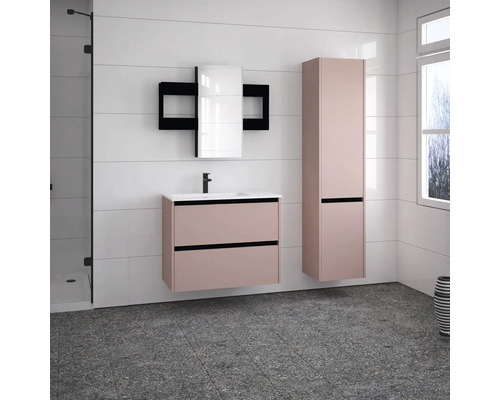 Modernes Badezimmer mit Waschbeckenunterschrank, Spiegelschrank und Hochschrank