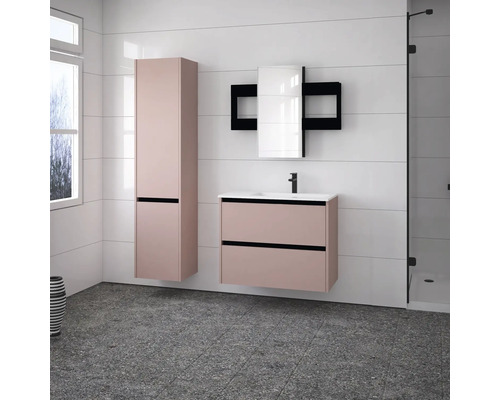 Modernes Badezimmer-Set mit Waschtischunterschrank, Spiegelschrank und Hochschrank in hellem Farbton