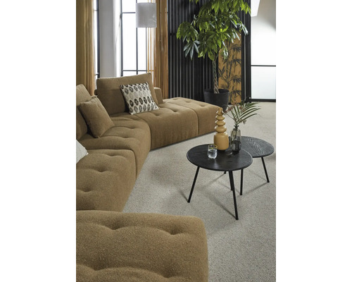 Wohnzimmer mit modularem Sofa, Couchtischen und Zimmerpflanze für eine helle und organisierte Atmosphäre.