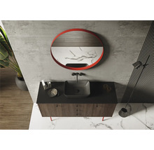 Badezimmer mit Waschtischunterschrank, Aufsatzwaschbecken, Spiegel und Armatur