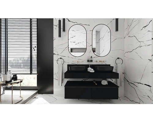 Modernes Badezimmer mit Marmorfliesen, Doppelwaschtisch und ovalen Spiegeln