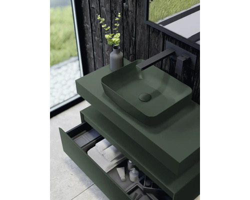 Modernes Badezimmer mit Waschtischunterschrank, Aufsatzwaschbecken und offenen Schubladen