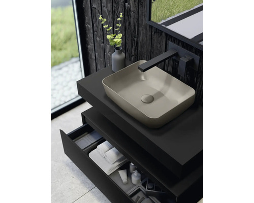 Modernes Badezimmer mit Aufsatzwaschbecken, Waschtischunterschrank und Armatur