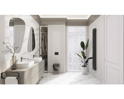 Helles Badezimmer mit Doppelwaschbecken, Spiegeln, Toilette, Heizkörper und Zimmerpflanze