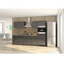 Moderne Küche mit grauen Schränken, Dunstabzugshaube und Edelstahlkühlschrank