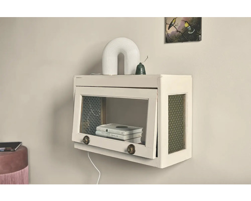 Wandhängender Schrank mit Glastür und Büchern darin