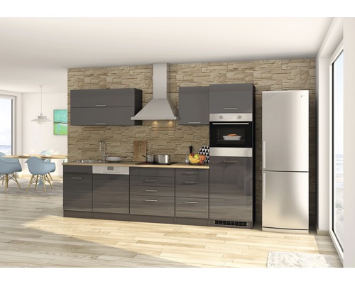 Held Möbel Küchenzeile mit Geräten Mailand 300 cm Frontfarbe grau hochglanz Korpusfarbe graphit zerlegt