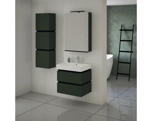 Modernes Badezimmer mit Waschtischunterschrank, Spiegelschrank und Regal