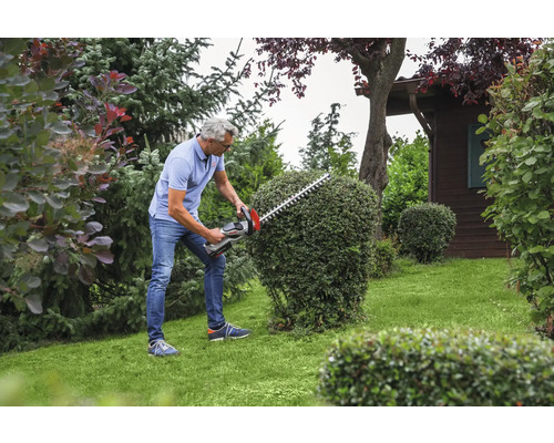 Mann schneidet Hecke mit Heckenschere im Garten.