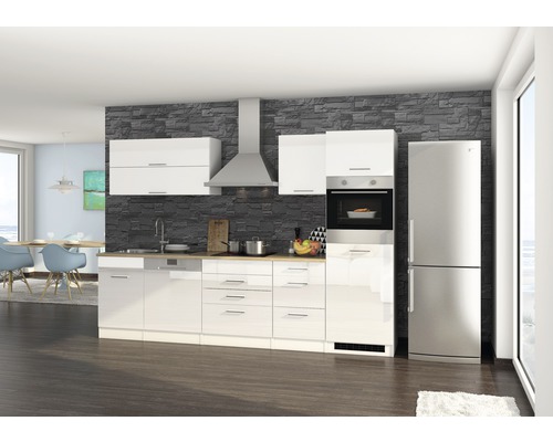 Held Möbel Küchenzeile mit Geräten Mailand 300 cm Frontfarbe weiß hochglanz Korpusfarbe weiß zerlegt