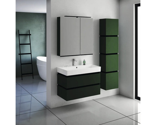 Modernes Badezimmer mit Waschtisch, Spiegelschrank und Hochschrank in Grüntönen