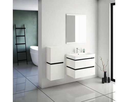 Modernes Badezimmer mit Waschbeckenunterschrank, Spiegelschrank und Seitenschrank in Weiß