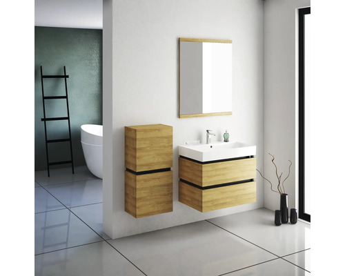 Badezimmer mit Waschtisch, Spiegelschrank und Leiterregal