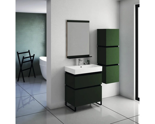 Modernes Badezimmer mit Waschtischunterschrank, Spiegel und Hängeschrank