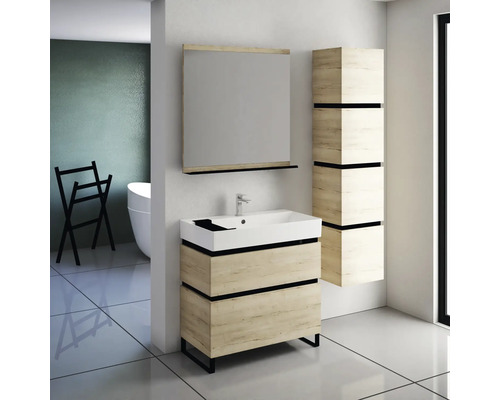 Modernes Badezimmer mit Waschtischunterschrank, Spiegel und Hochschrank in Holzoptik
