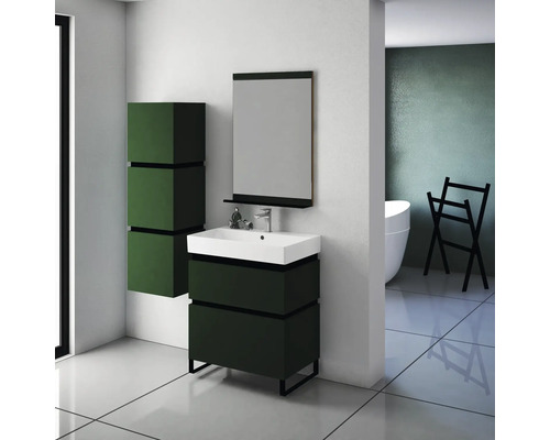 Modernes Badezimmer mit Waschtisch, Spiegelschrank und Hochschrank in Grün