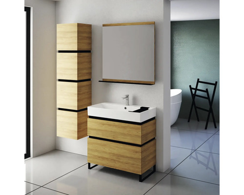 Modernes Badezimmer mit Waschtisch, Spiegelschrank und Hochschrank in Holzoptik