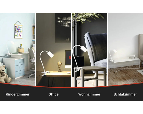 Vier Anwendungsbeispiele für eine Klemmleuchte: Kinderzimmer, Büro, Wohnzimmer und Schlafzimmer.