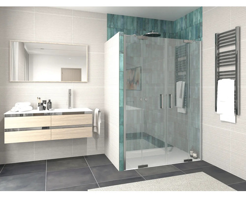 Modernes Badezimmer mit Duschkabine, Waschtisch und Handtuchwärmer