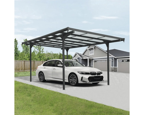 Freistehendes Carport aus Aluminium mit einem darunter geparkten Auto.