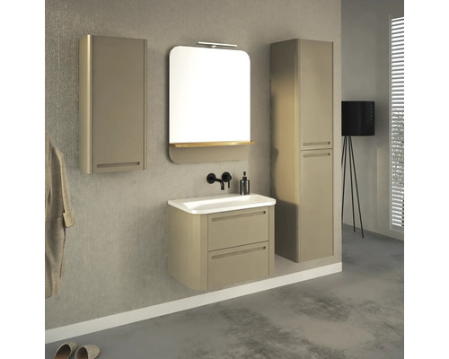 Modernes Badezimmer mit Waschtisch, Spiegelschrank und Hochschrank für Stauraum