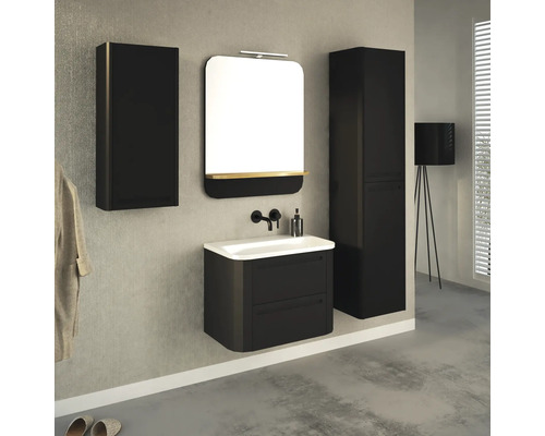 Modernes Badezimmer mit schwarzem Waschtisch, Spiegelschrank und Hochschrank