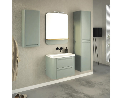 Modernes Badezimmer mit Waschtisch, Spiegel, Unterschrank und Hochschrank in hellem Farbton