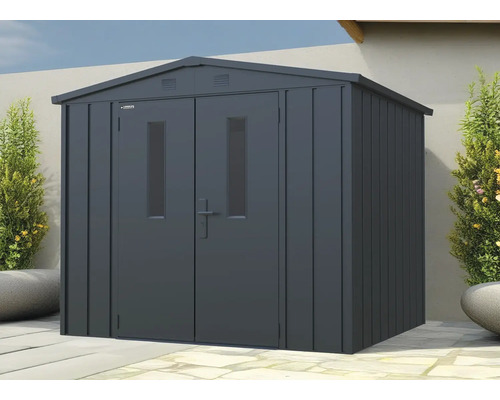 Gartenhaus Konsta Premium Satteldachhaus 4,9 m² 244 x 200 cm schwarz Gartenschuppen aus Metall mit Doppeltür und Fenstern