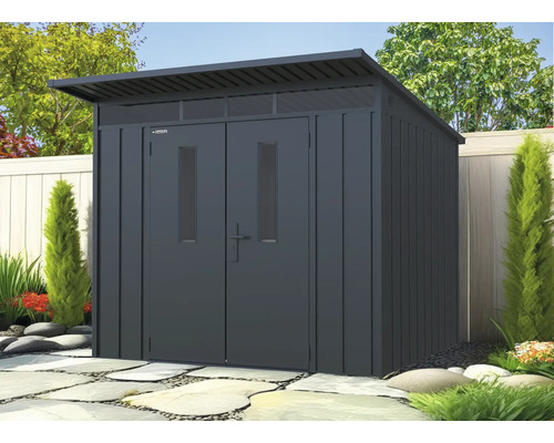 Gartenhaus Konsta Premium Pultdachhaus 6,4 m² 239 x 269 cm schwarz Gartenschrank aus Metall mit Doppeltür und Oberlichtfenstern