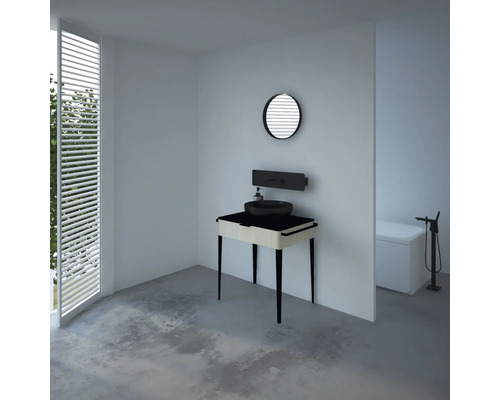 Modernes Badezimmer mit Waschtisch, Aufsatzwaschbecken, rundem Spiegel und freistehender Badewanne.