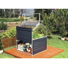 Gewächshaus mit Pflanzen und Gartengeräten auf einer Holzterrasse