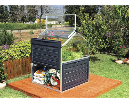 Gewächshaus mit Pflanzen und Gartengeräten auf einer Holzterrasse