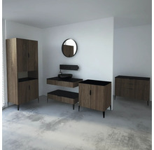 Badezimmer-Set mit Waschtisch, Spiegelschrank, Waschbecken und Kommode in modernem Design.
