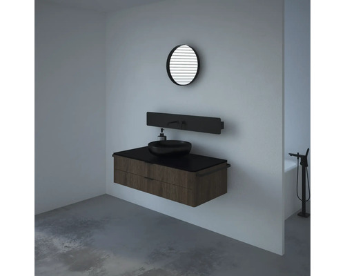 Badezimmer mit Waschtischunterschrank, Aufsatzwaschbecken und rundem Spiegel